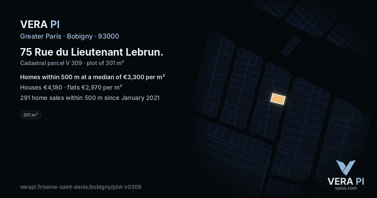75 Rue du Lieutenant Lebrun, Bobigny at night – the plot lit, the parcels around coloured by the prices near them