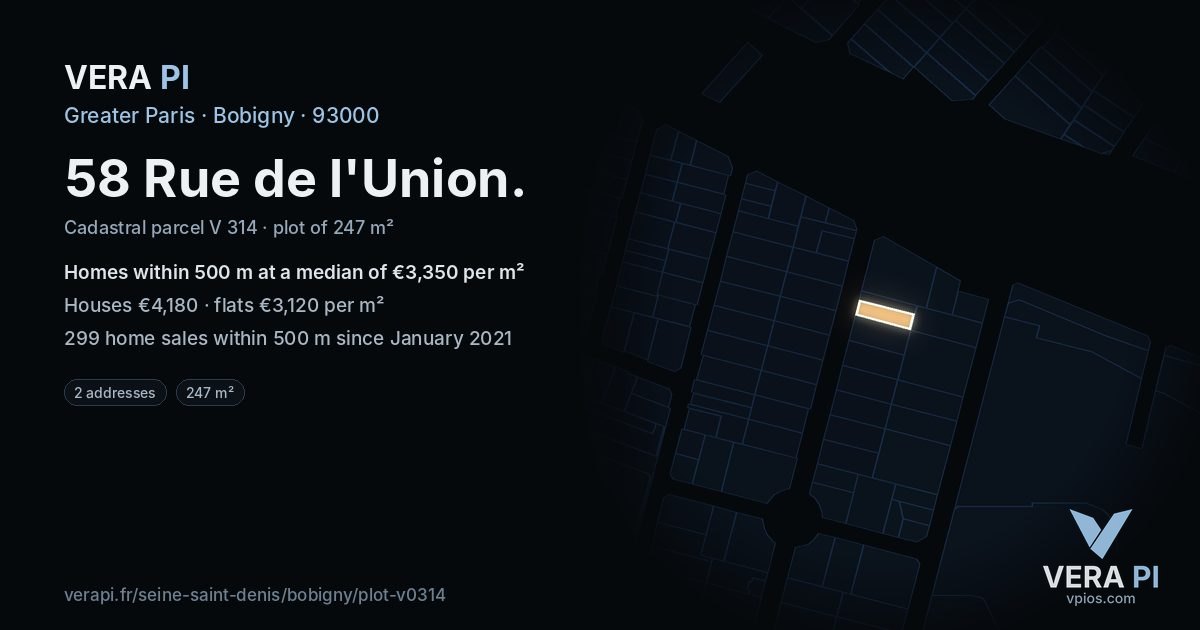 58 Rue de l'Union, Bobigny at night – the plot lit, the parcels around coloured by the prices near them
