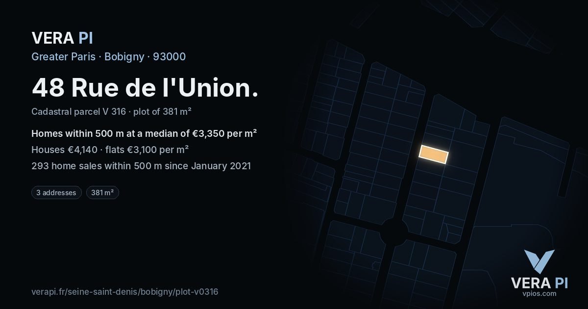 48 Rue de l'Union, Bobigny at night – the plot lit, the parcels around coloured by the prices near them