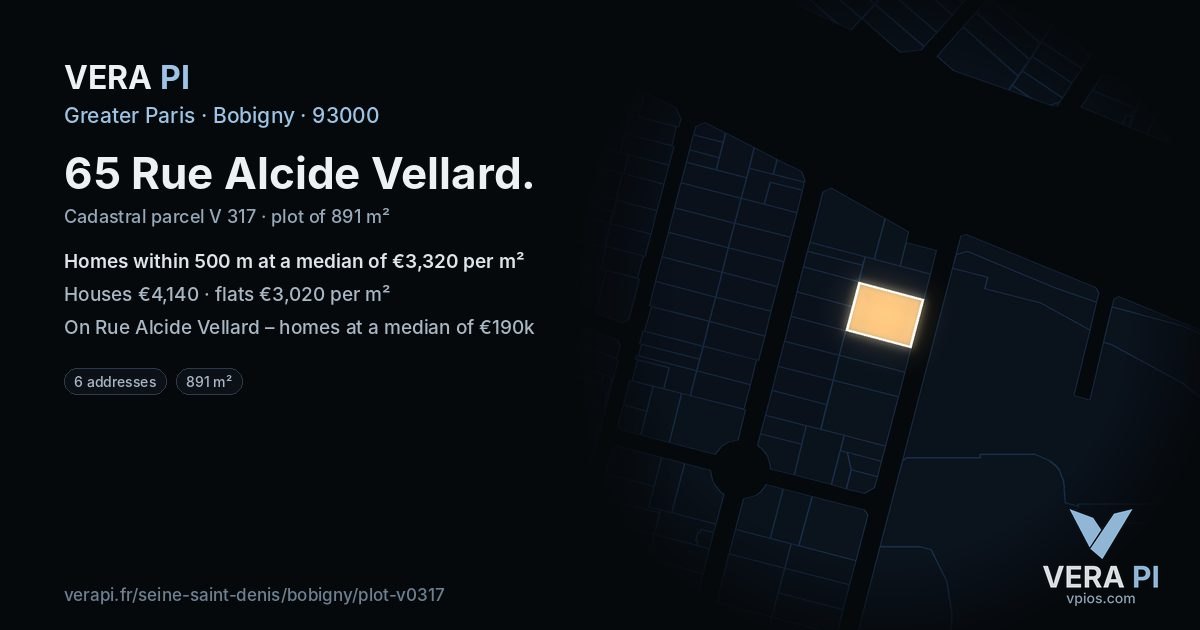 65 Rue Alcide Vellard, Bobigny at night – the plot lit, the parcels around coloured by the prices near them