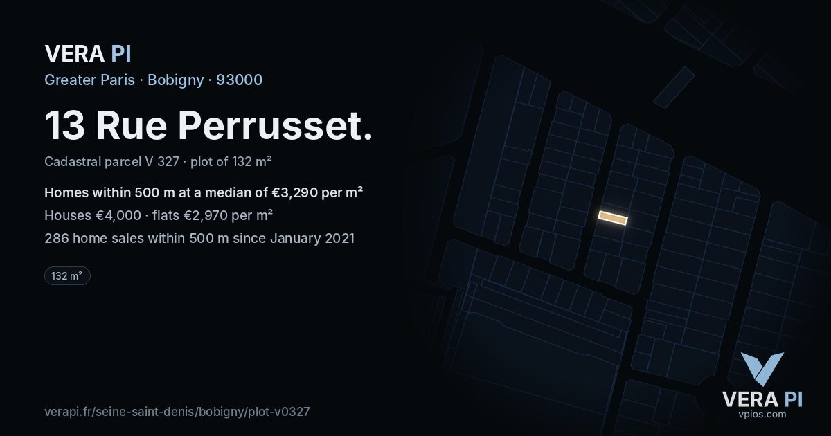 13 Rue Perrusset, Bobigny at night – the plot lit, the parcels around coloured by the prices near them