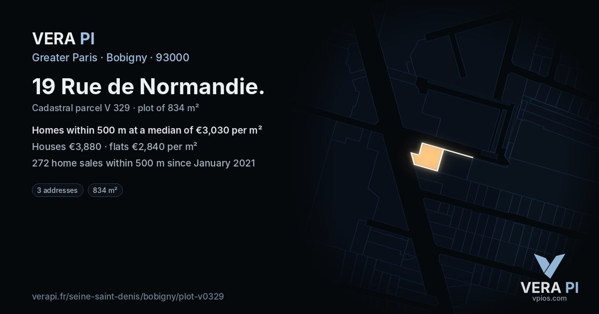 19 Rue de Normandie, Bobigny at night – the plot lit, the parcels around coloured by the prices near them