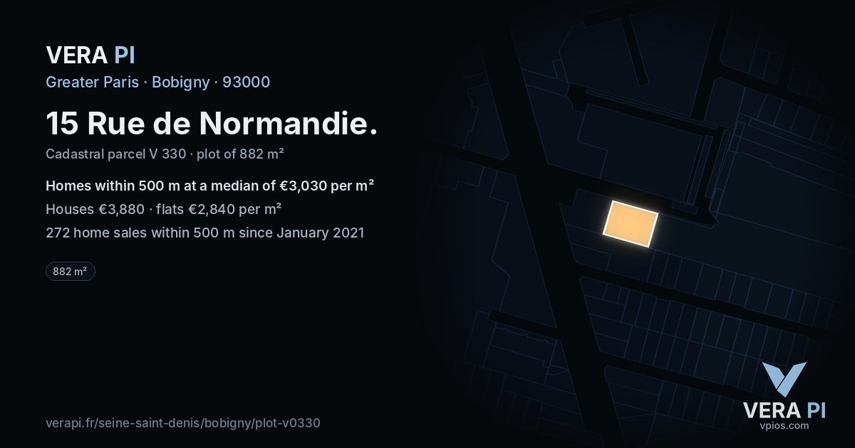 15 Rue de Normandie, Bobigny at night – the plot lit, the parcels around coloured by the prices near them
