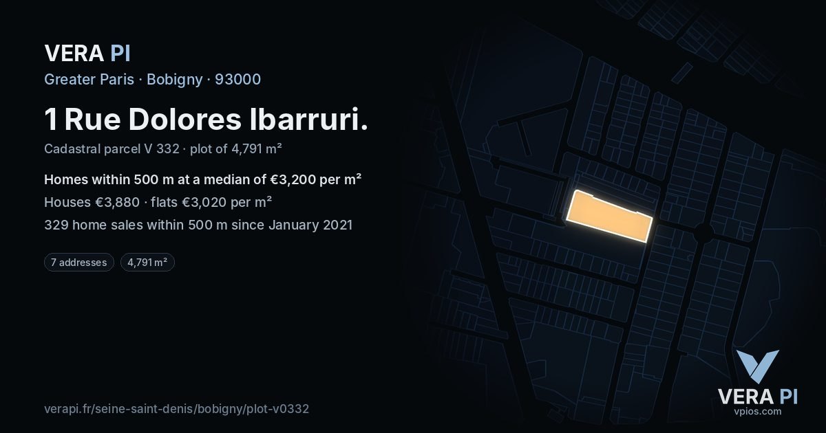 1 Rue Dolores Ibarruri, Bobigny at night – the plot lit, the parcels around coloured by the prices near them