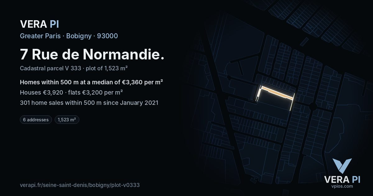7 Rue de Normandie, Bobigny at night – the plot lit, the parcels around coloured by the prices near them