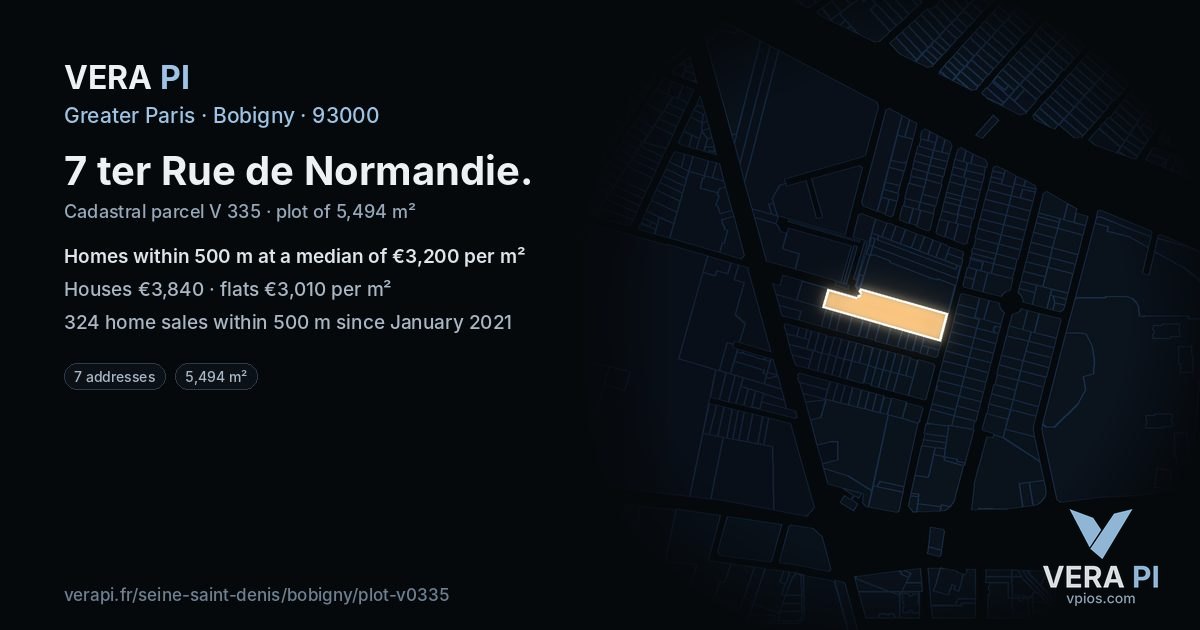 7 ter Rue de Normandie, Bobigny at night – the plot lit, the parcels around coloured by the prices near them