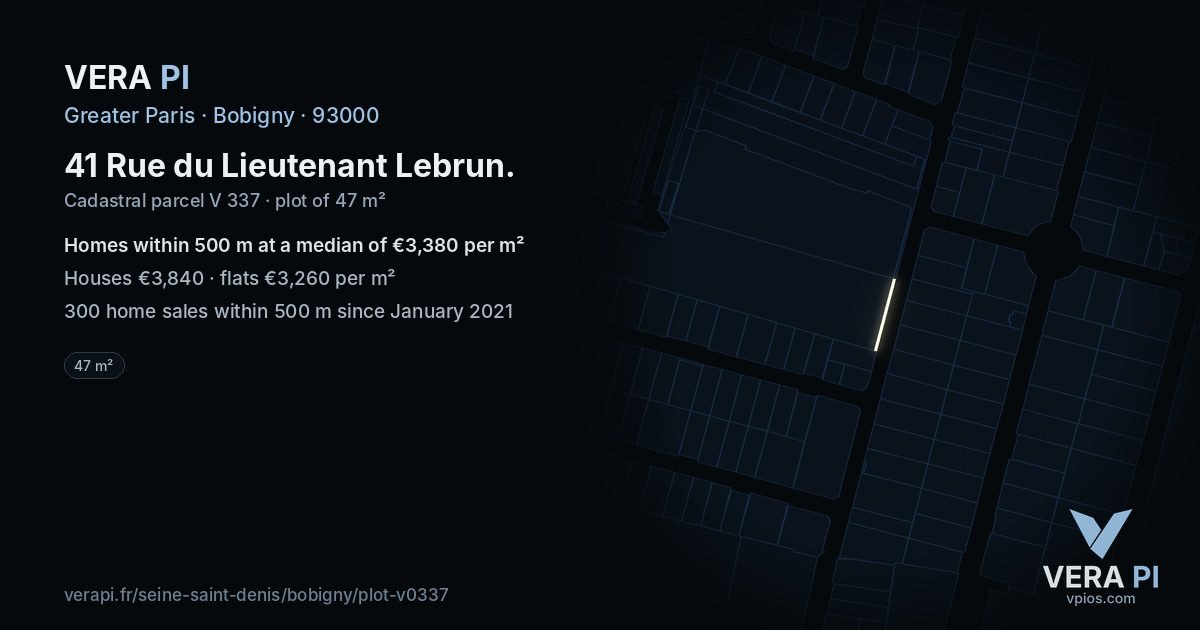 41 Rue du Lieutenant Lebrun, Bobigny at night – the plot lit, the parcels around coloured by the prices near them