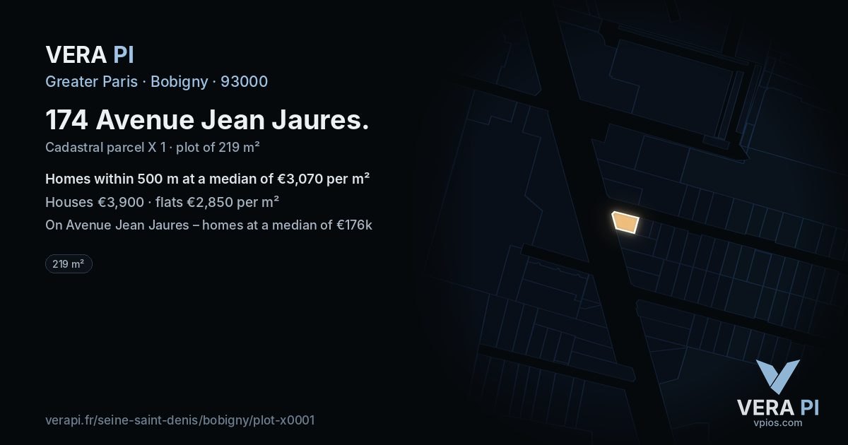 174 Avenue Jean Jaures, Bobigny at night – the plot lit, the parcels around coloured by the prices near them