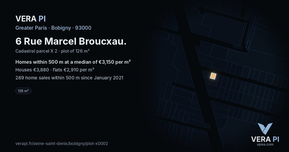 6 Rue Marcel Broucxau, Bobigny at night – the plot lit, the parcels around coloured by the prices near them
