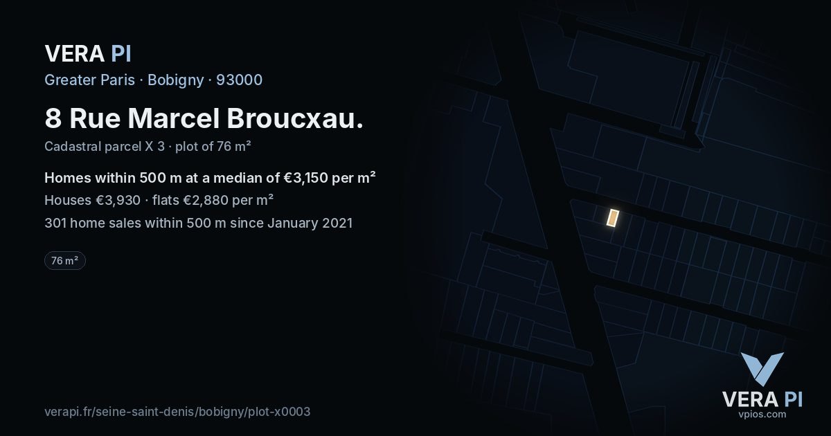 8 Rue Marcel Broucxau, Bobigny at night – the plot lit, the parcels around coloured by the prices near them