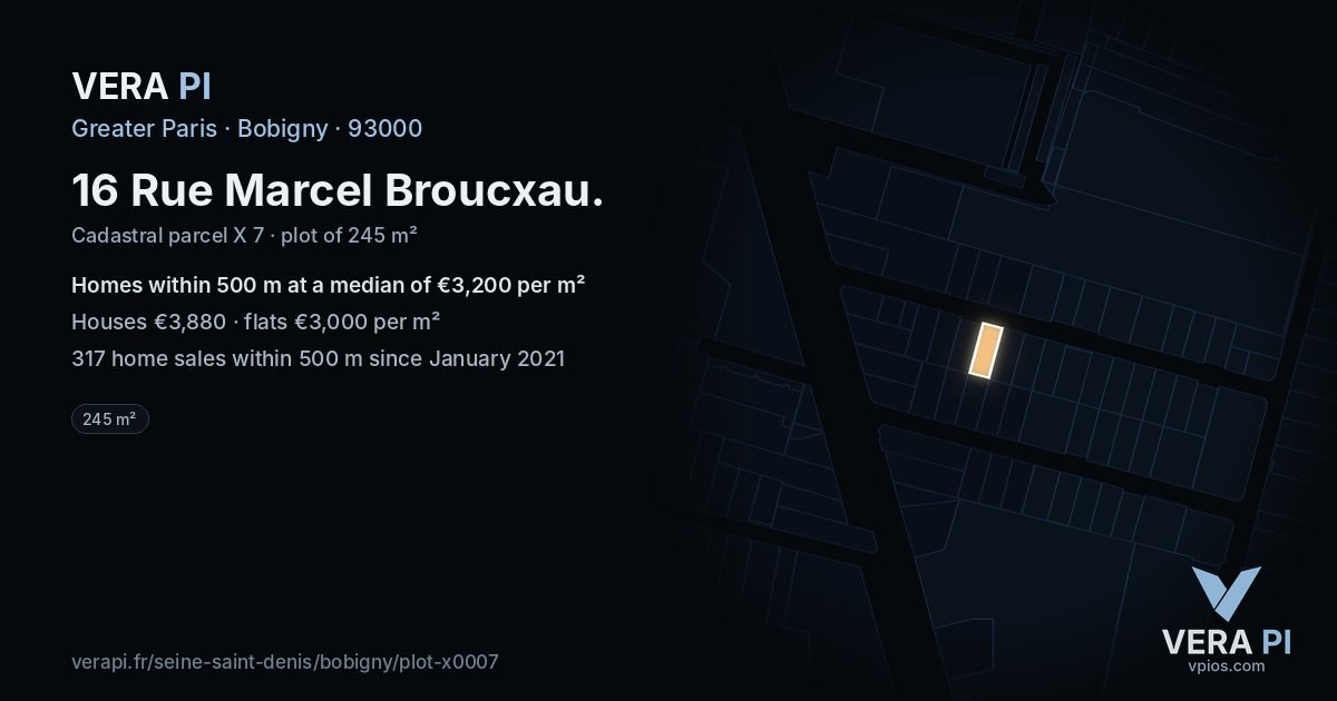 16 Rue Marcel Broucxau, Bobigny at night – the plot lit, the parcels around coloured by the prices near them