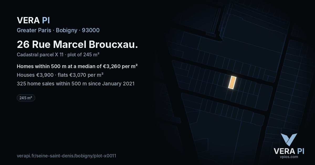 26 Rue Marcel Broucxau, Bobigny at night – the plot lit, the parcels around coloured by the prices near them