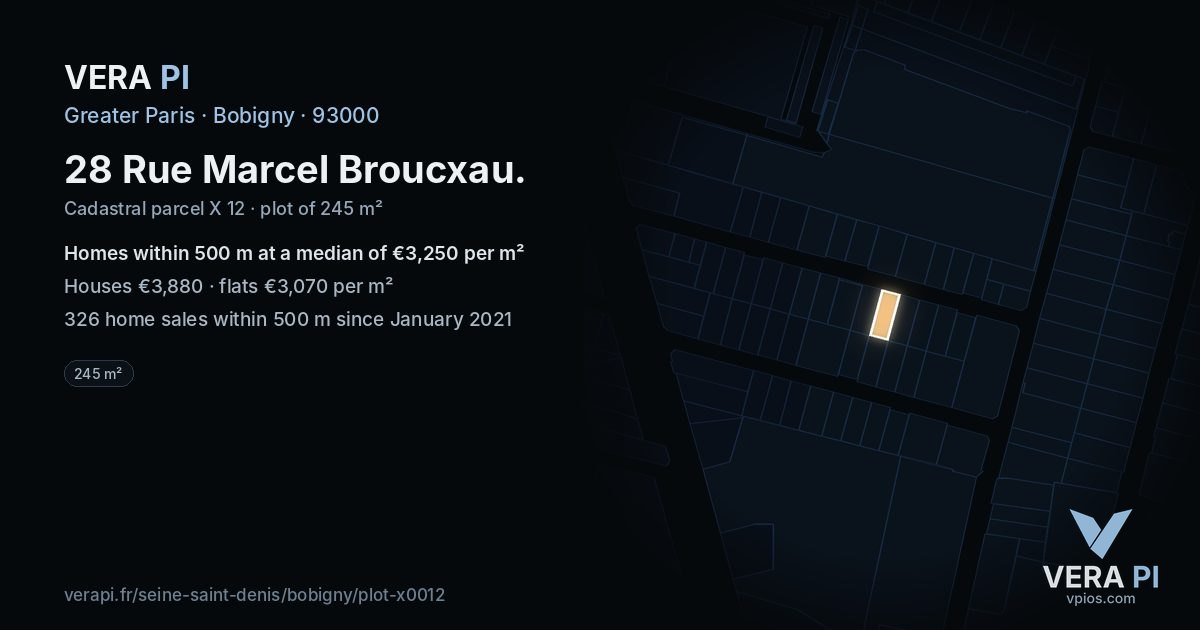 28 Rue Marcel Broucxau, Bobigny at night – the plot lit, the parcels around coloured by the prices near them