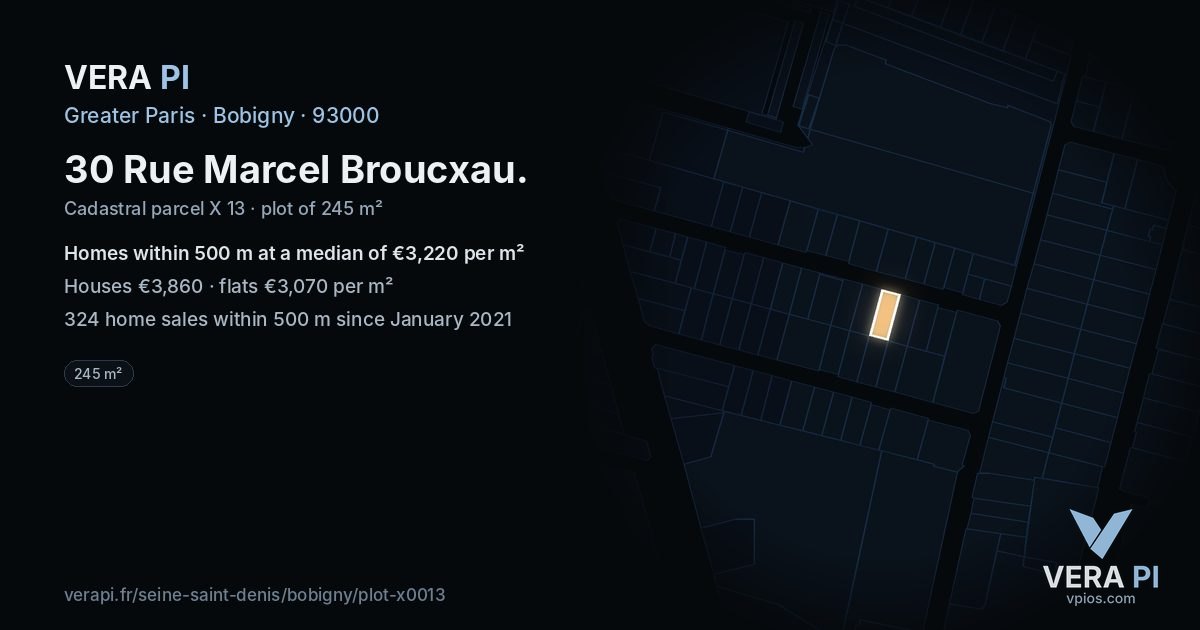 30 Rue Marcel Broucxau, Bobigny at night – the plot lit, the parcels around coloured by the prices near them