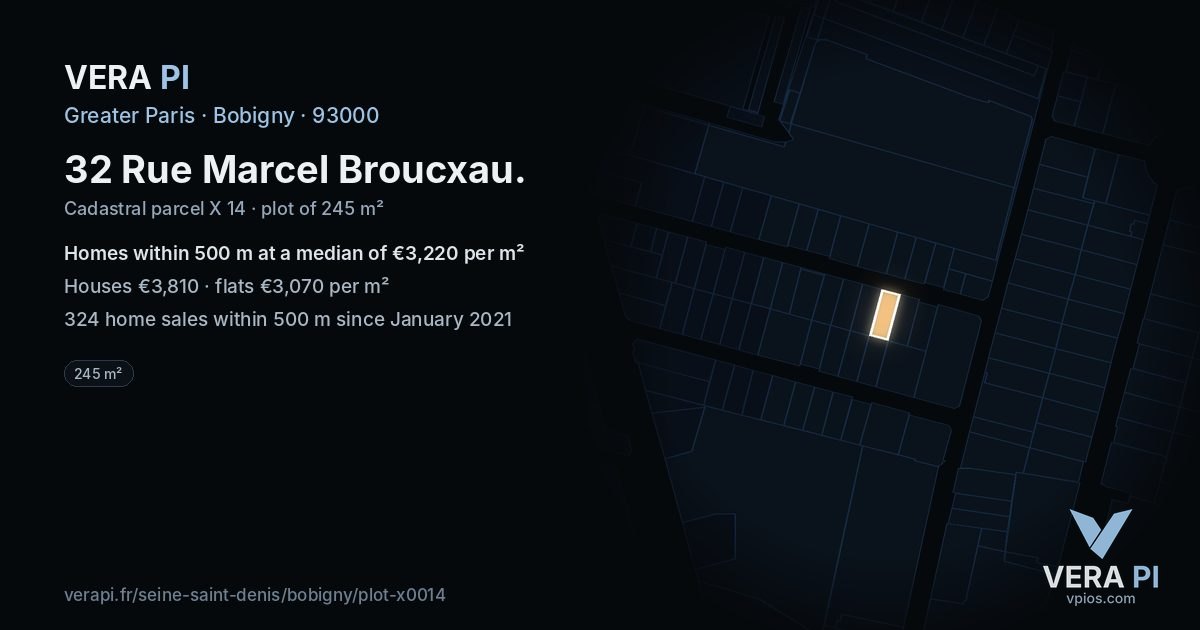 32 Rue Marcel Broucxau, Bobigny at night – the plot lit, the parcels around coloured by the prices near them