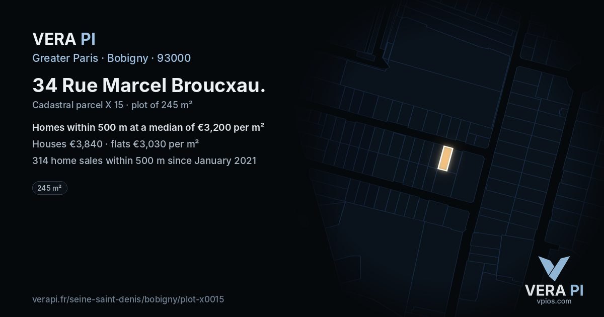 34 Rue Marcel Broucxau, Bobigny at night – the plot lit, the parcels around coloured by the prices near them