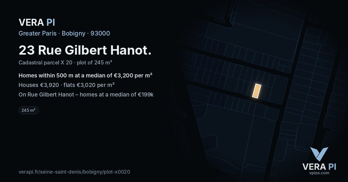 23 Rue Gilbert Hanot, Bobigny at night – the plot lit, the parcels around coloured by the prices near them