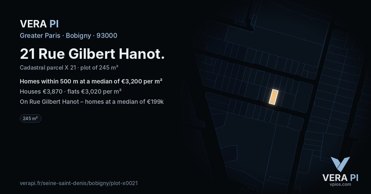 21 Rue Gilbert Hanot, Bobigny at night – the plot lit, the parcels around coloured by the prices near them