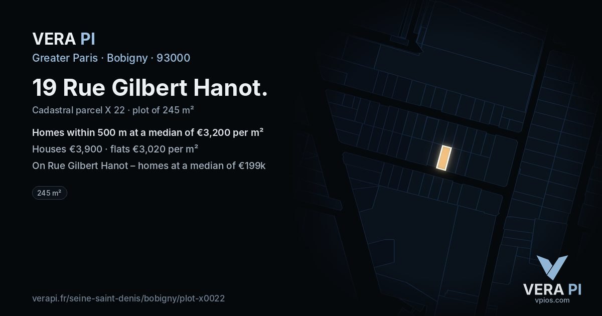 19 Rue Gilbert Hanot, Bobigny at night – the plot lit, the parcels around coloured by the prices near them