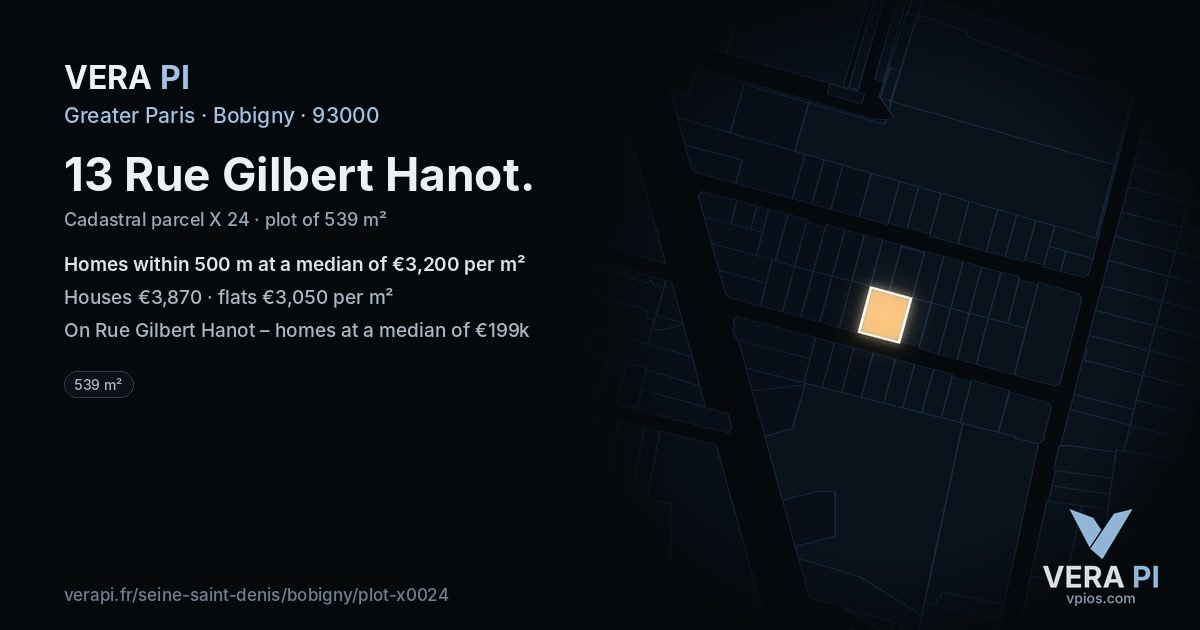 13 Rue Gilbert Hanot, Bobigny at night – the plot lit, the parcels around coloured by the prices near them
