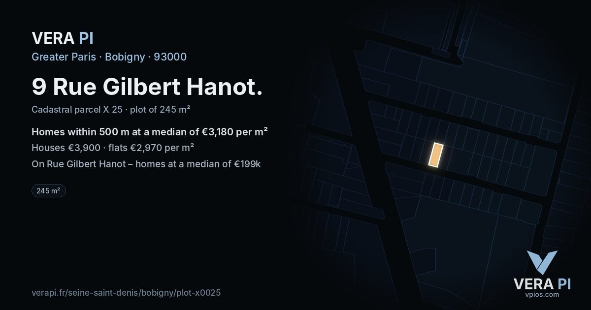 9 Rue Gilbert Hanot, Bobigny at night – the plot lit, the parcels around coloured by the prices near them