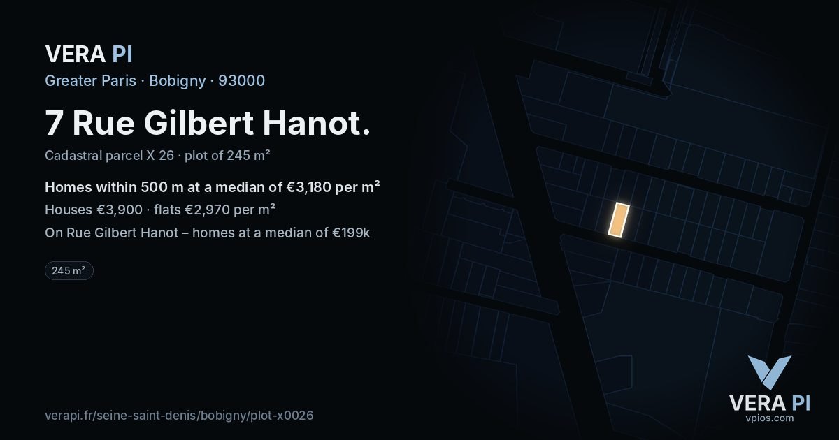 7 Rue Gilbert Hanot, Bobigny at night – the plot lit, the parcels around coloured by the prices near them