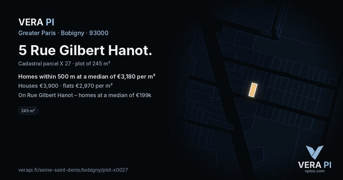 5 Rue Gilbert Hanot, Bobigny at night – the plot lit, the parcels around coloured by the prices near them