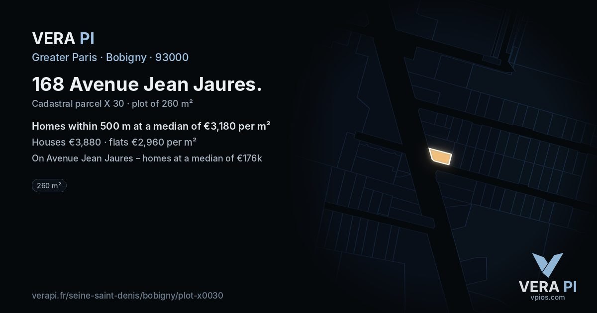 168 Avenue Jean Jaures, Bobigny at night – the plot lit, the parcels around coloured by the prices near them