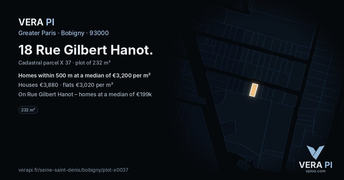 18 Rue Gilbert Hanot, Bobigny at night – the plot lit, the parcels around coloured by the prices near them