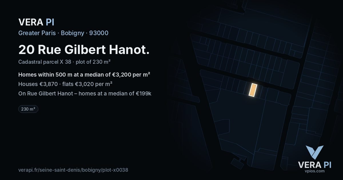 20 Rue Gilbert Hanot, Bobigny at night – the plot lit, the parcels around coloured by the prices near them