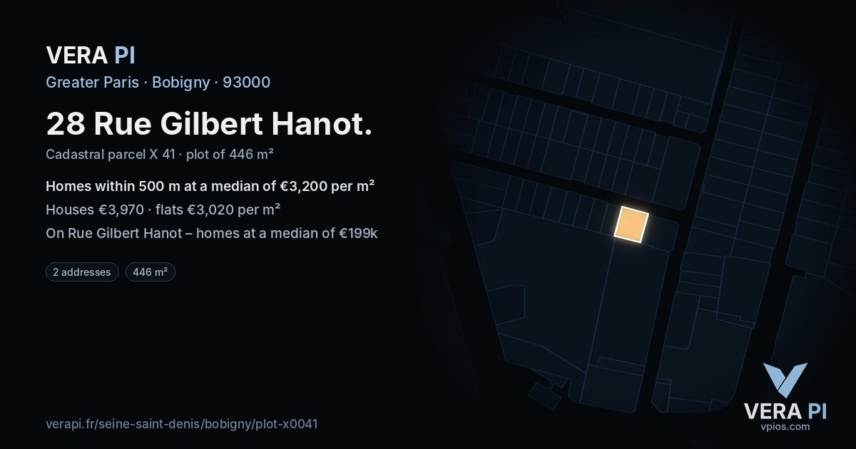 28 Rue Gilbert Hanot, Bobigny at night – the plot lit, the parcels around coloured by the prices near them