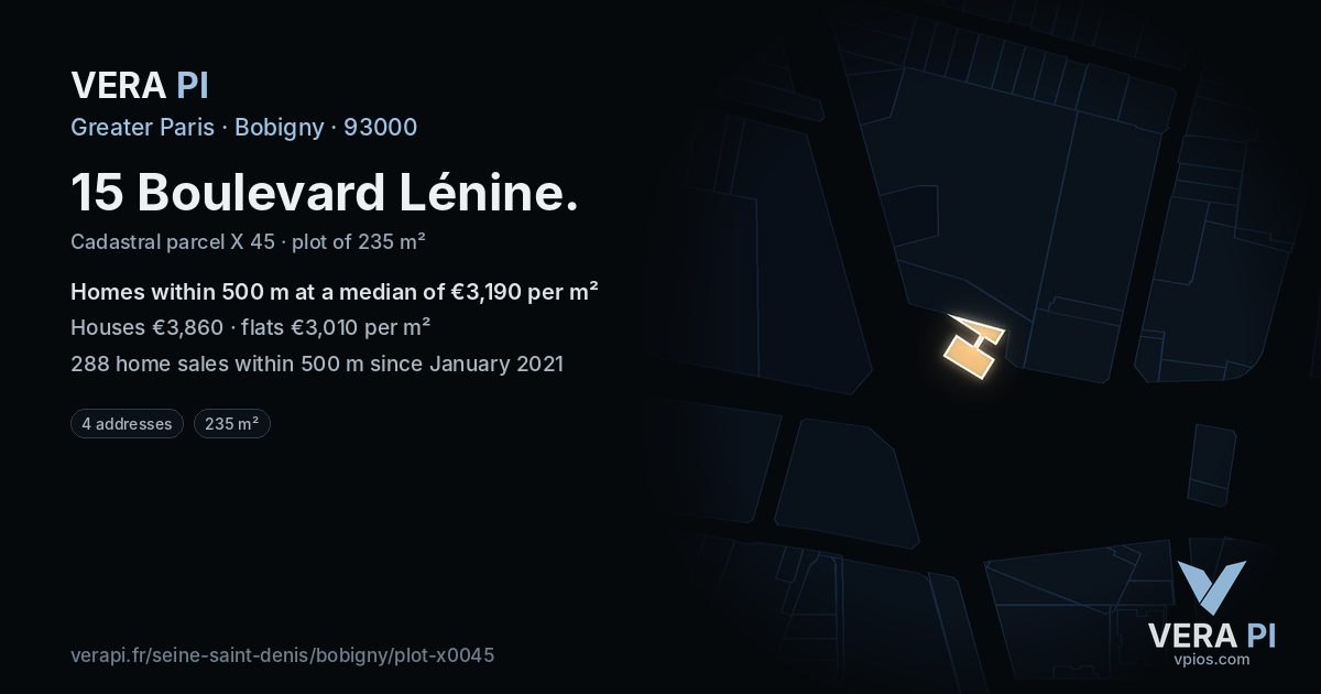 15 Boulevard Lénine, Bobigny at night – the plot lit, the parcels around coloured by the prices near them