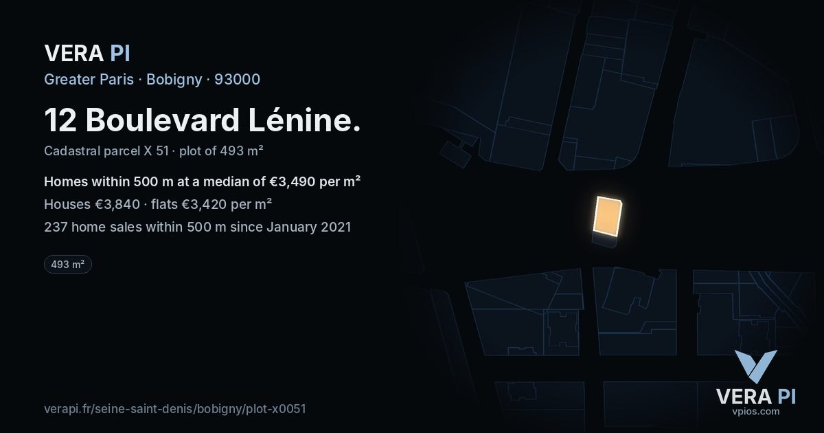 12 Boulevard Lénine, Bobigny at night – the plot lit, the parcels around coloured by the prices near them