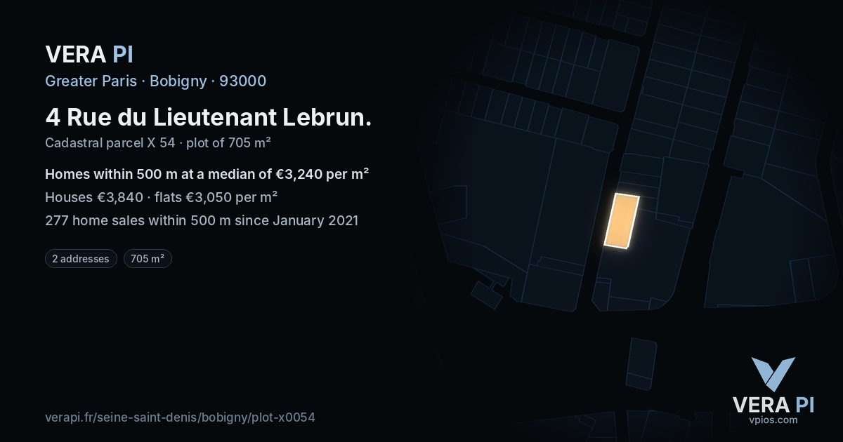 4 Rue du Lieutenant Lebrun, Bobigny at night – the plot lit, the parcels around coloured by the prices near them