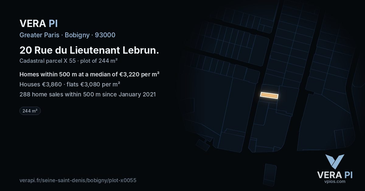 20 Rue du Lieutenant Lebrun, Bobigny at night – the plot lit, the parcels around coloured by the prices near them