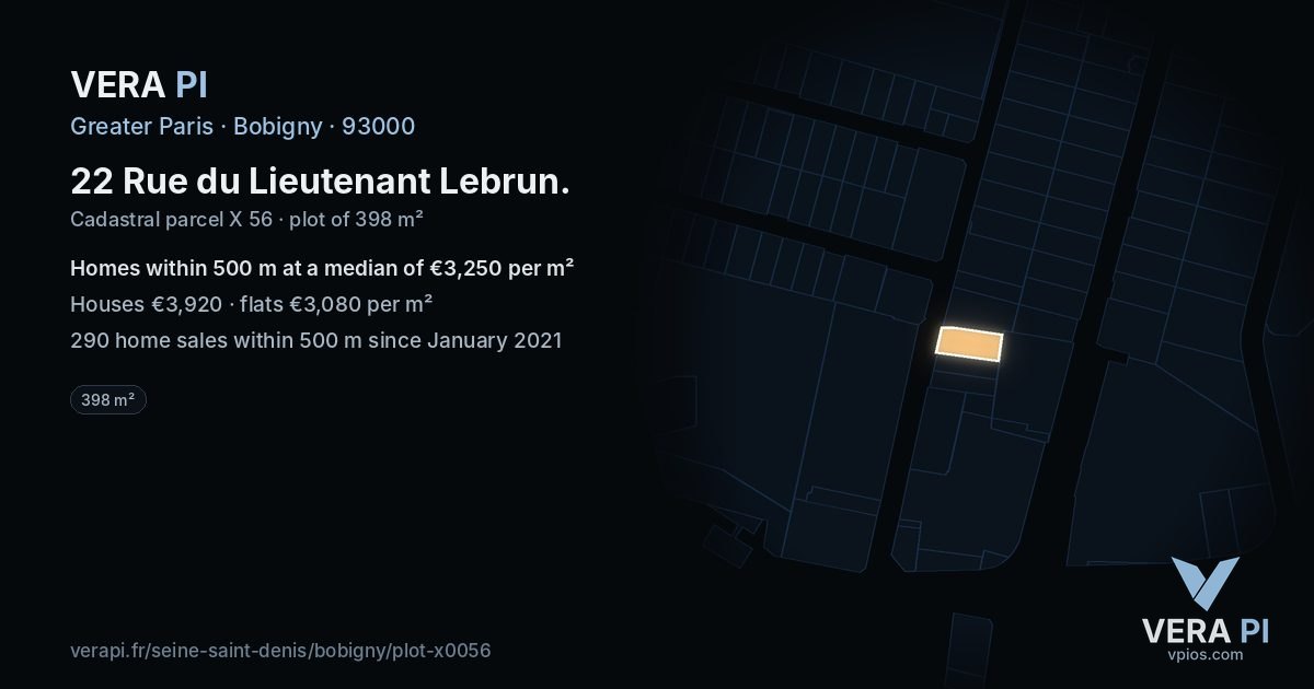 22 Rue du Lieutenant Lebrun, Bobigny at night – the plot lit, the parcels around coloured by the prices near them