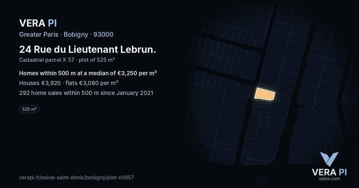 24 Rue du Lieutenant Lebrun, Bobigny at night – the plot lit, the parcels around coloured by the prices near them