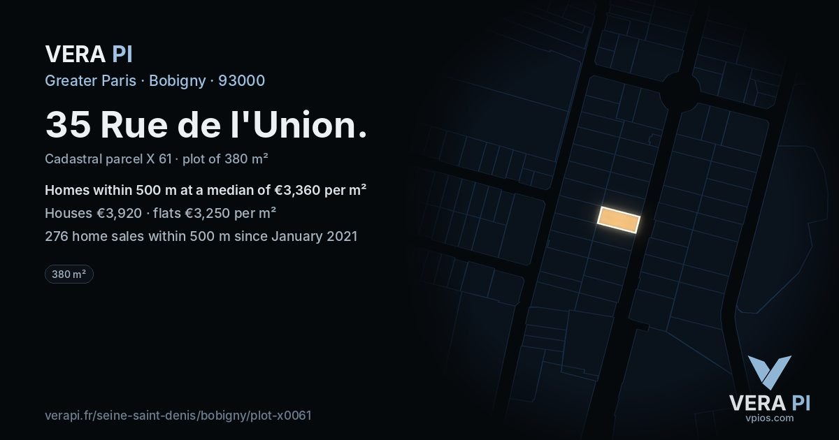 35 Rue de l'Union, Bobigny at night – the plot lit, the parcels around coloured by the prices near them