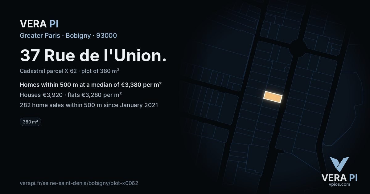 37 Rue de l'Union, Bobigny at night – the plot lit, the parcels around coloured by the prices near them