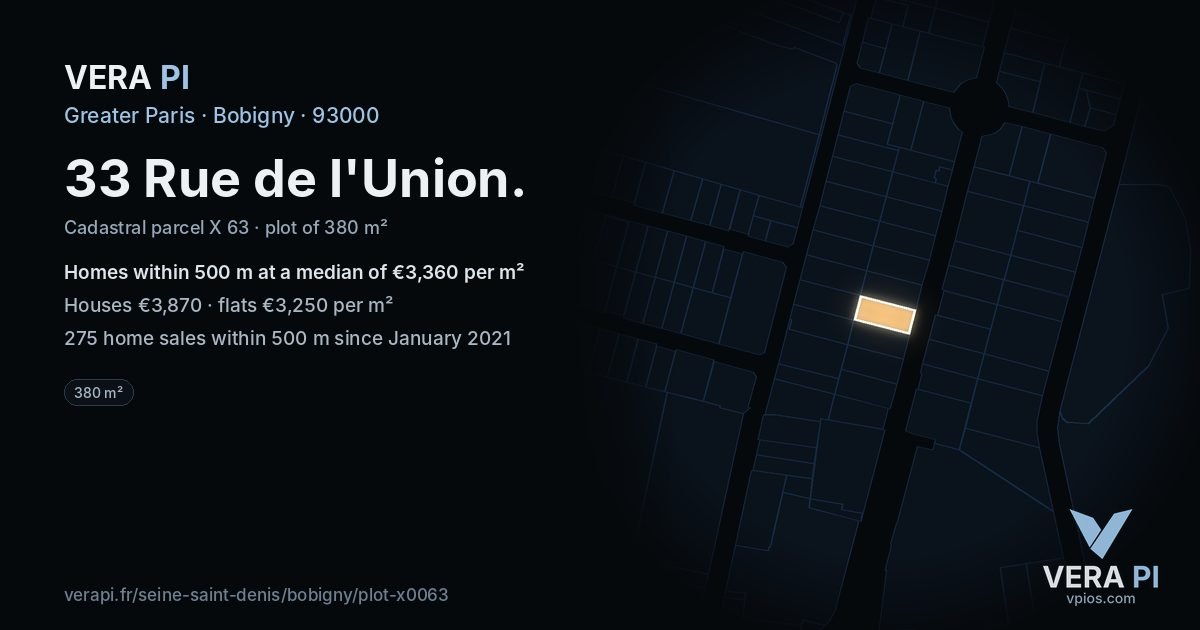 33 Rue de l'Union, Bobigny at night – the plot lit, the parcels around coloured by the prices near them