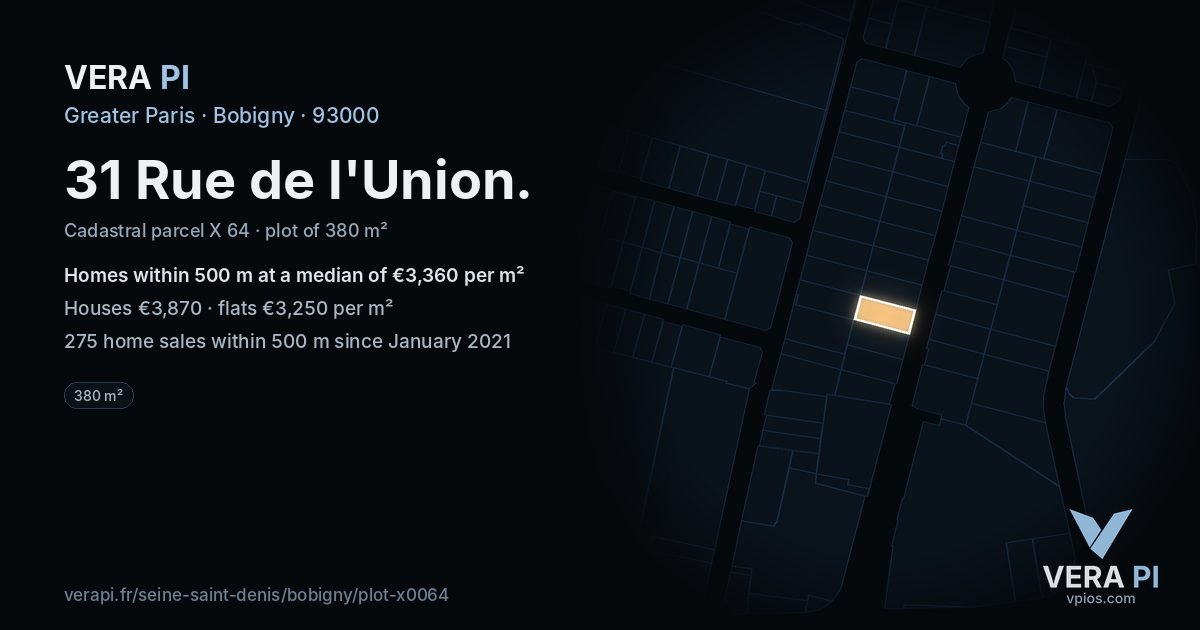 31 Rue de l'Union, Bobigny at night – the plot lit, the parcels around coloured by the prices near them
