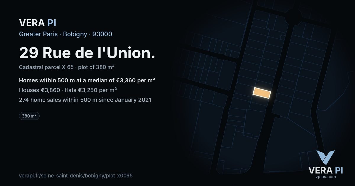 29 Rue de l'Union, Bobigny at night – the plot lit, the parcels around coloured by the prices near them