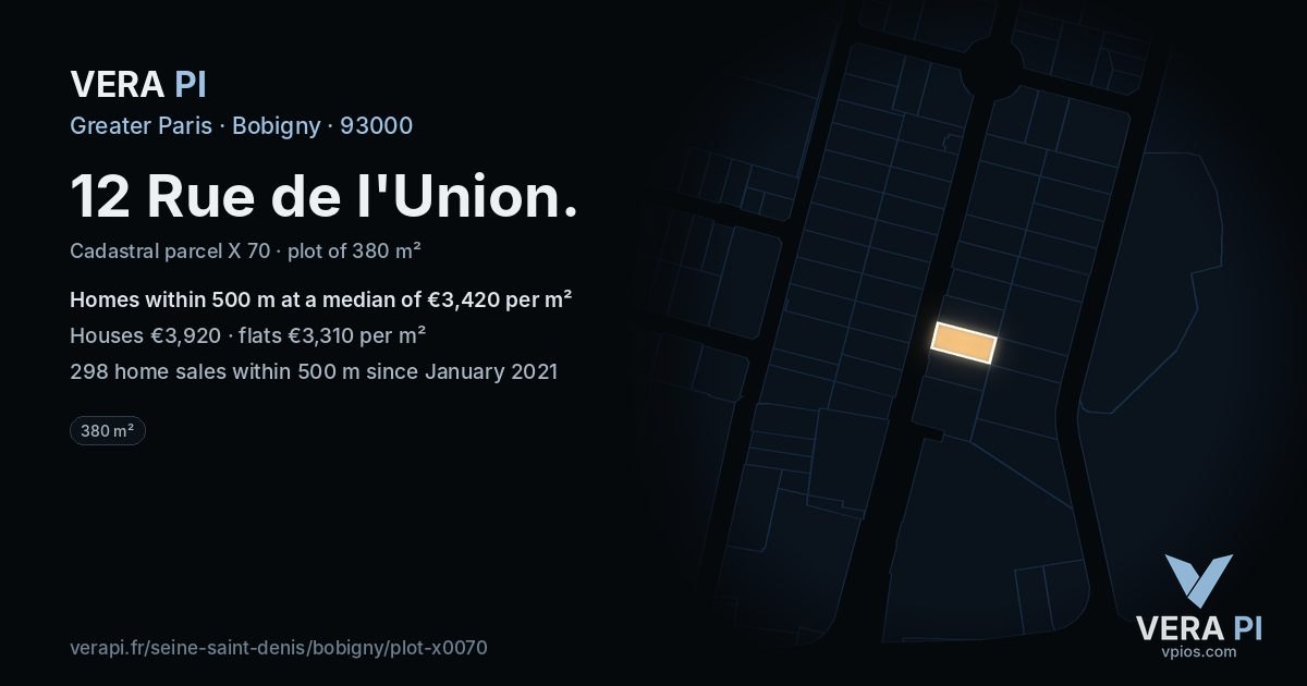 12 Rue de l'Union, Bobigny at night – the plot lit, the parcels around coloured by the prices near them