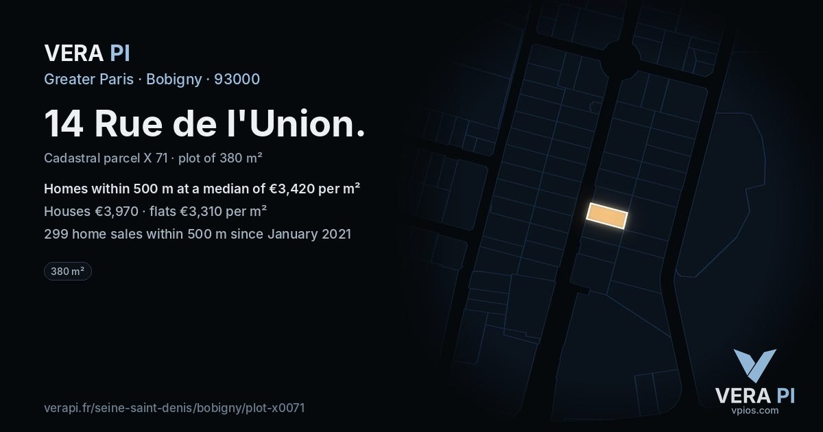 14 Rue de l'Union, Bobigny at night – the plot lit, the parcels around coloured by the prices near them