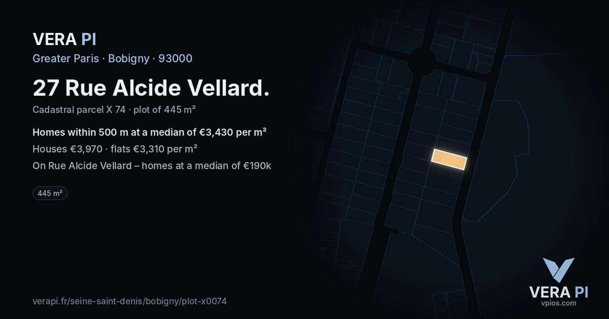 27 Rue Alcide Vellard, Bobigny at night – the plot lit, the parcels around coloured by the prices near them