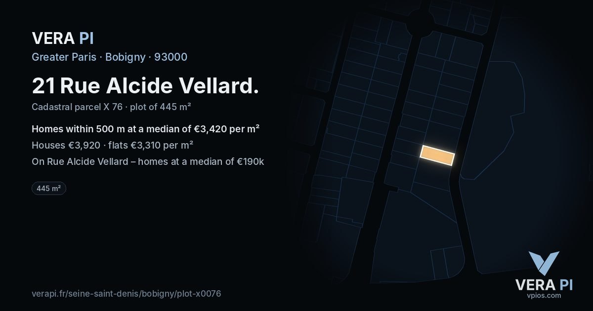 21 Rue Alcide Vellard, Bobigny at night – the plot lit, the parcels around coloured by the prices near them