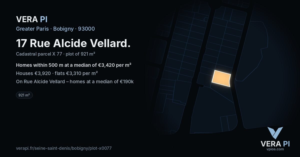 17 Rue Alcide Vellard, Bobigny at night – the plot lit, the parcels around coloured by the prices near them