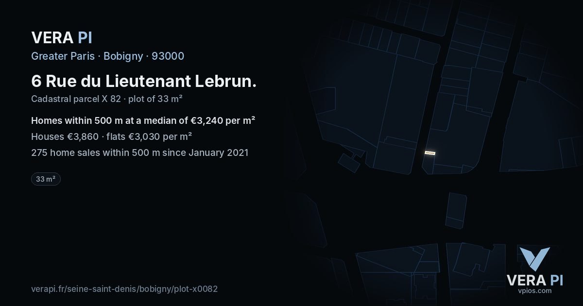 6 Rue du Lieutenant Lebrun, Bobigny at night – the plot lit, the parcels around coloured by the prices near them