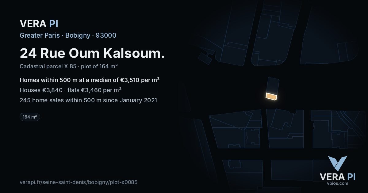 24 Rue Oum Kalsoum, Bobigny at night – the plot lit, the parcels around coloured by the prices near them