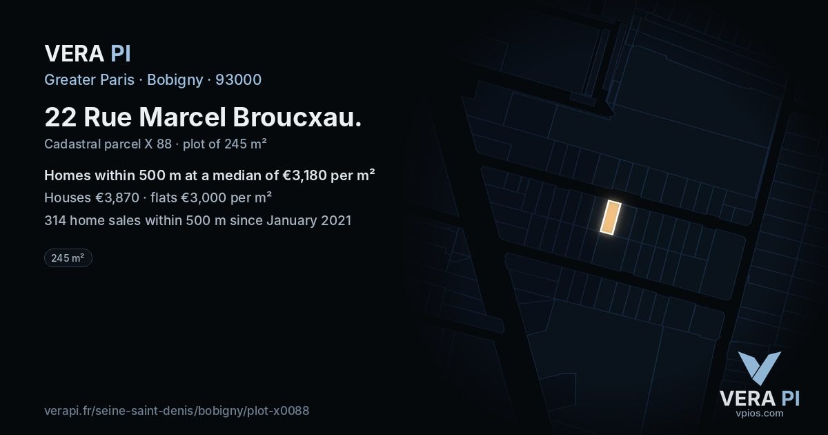 22 Rue Marcel Broucxau, Bobigny at night – the plot lit, the parcels around coloured by the prices near them